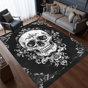 Gothic Skull Rug, Skull Area Rug, Vintage Occult Gothic Skull Area Rug, Skull Rug, Halloween Decor Rug, Black Skull rug, Occult Rug