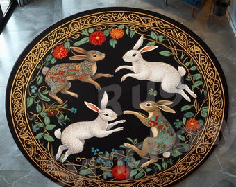 Round Rabbit Rug: Floral Hares Pattern, Non-Slip Cotton Base