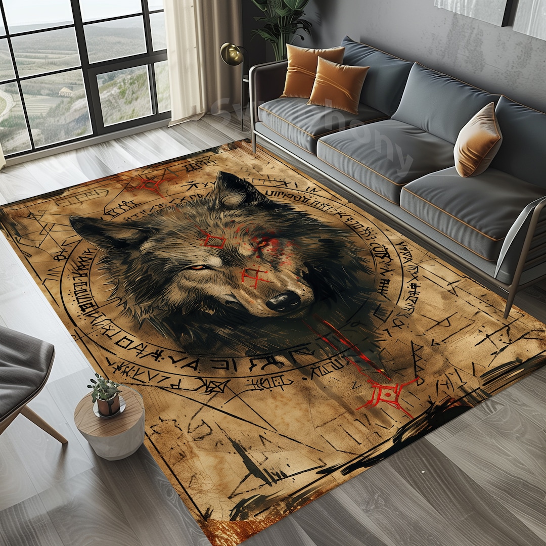 Fenrir Area Rug, Fenrir Wolf Vegvisir Rug, Demonic Magic Circle With ...