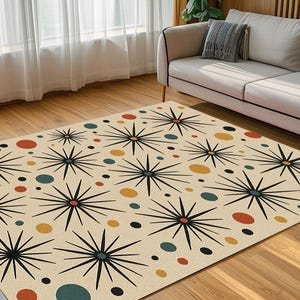 Mid Century Starburst Rug, Atomic Dots Retro Pattern Carpet, MCM Abstract Design