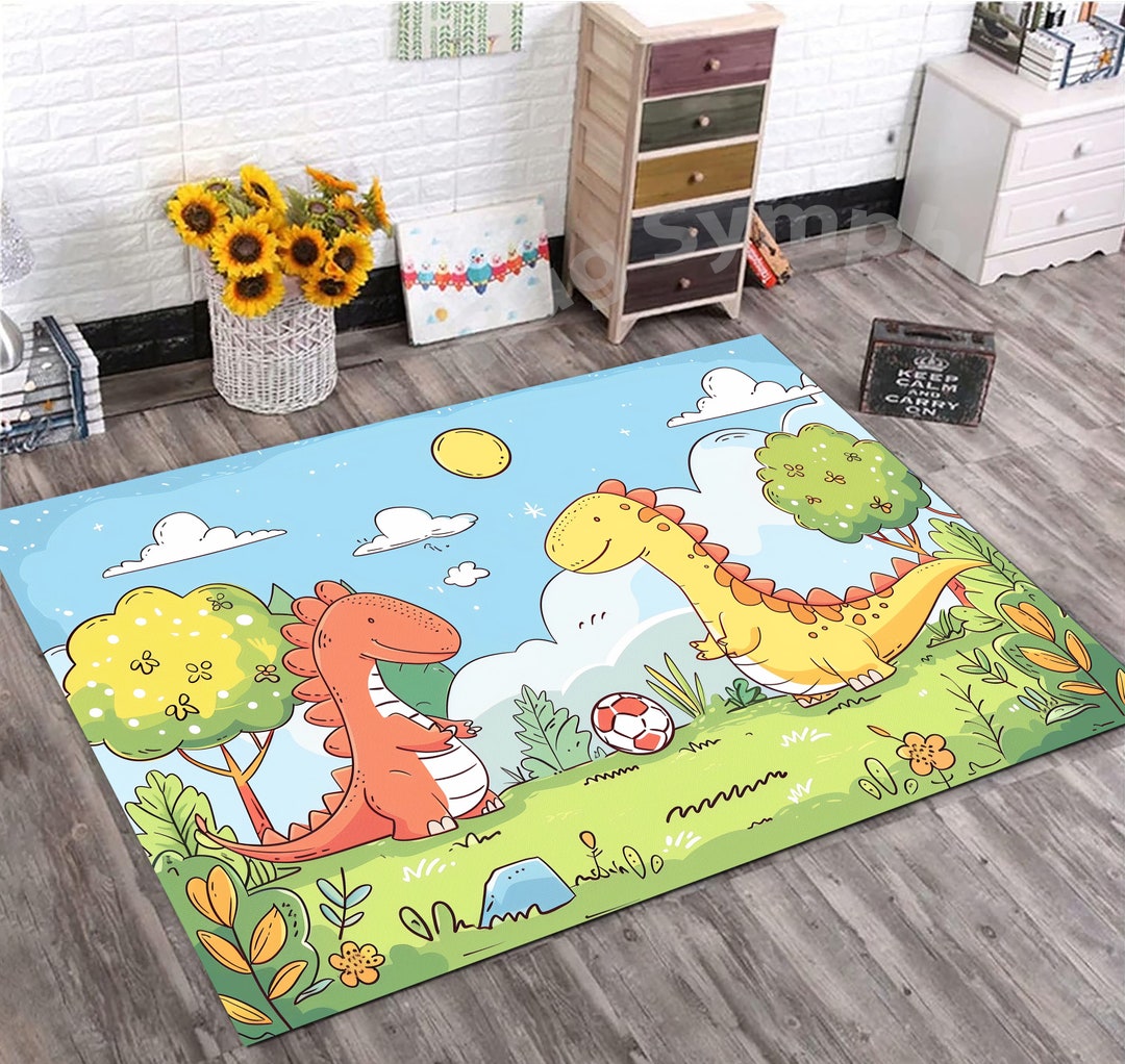 Soccer Playing Dinosaurs Rug, Toddler Rug, Mats for Kids, Dinosaur Rug ...