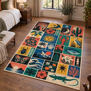 May include: A rectangular area rug featuring a grid of colorful illustrations including a tiger, sun, moon, cactus, snake, beetle, butterfly, mountains, ocean waves, fish, heron, lizard, flowers, and fruit in a vibrant, multi-colored graphic design.