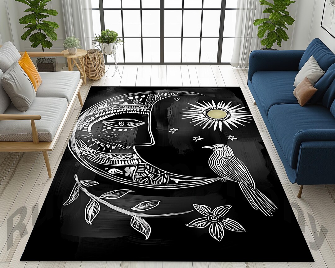 Static Rug Drawing Tribal Drawings Area Rug, Black and White Bird and Moon Rug, Chalk Moon ...
