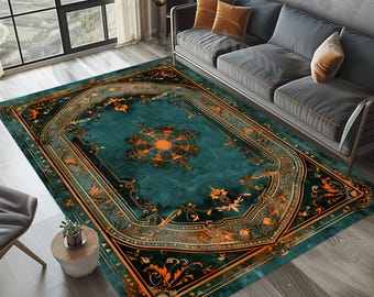 Teal Traditional Area Rug, Turquoise Celtic Design, Orange Accents Decor