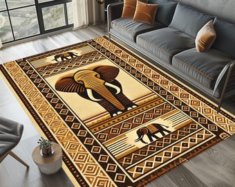 African-inspired artwork featuring a lone elephant in tribal symmetry Rug: Rustic Africa Pattern Rug