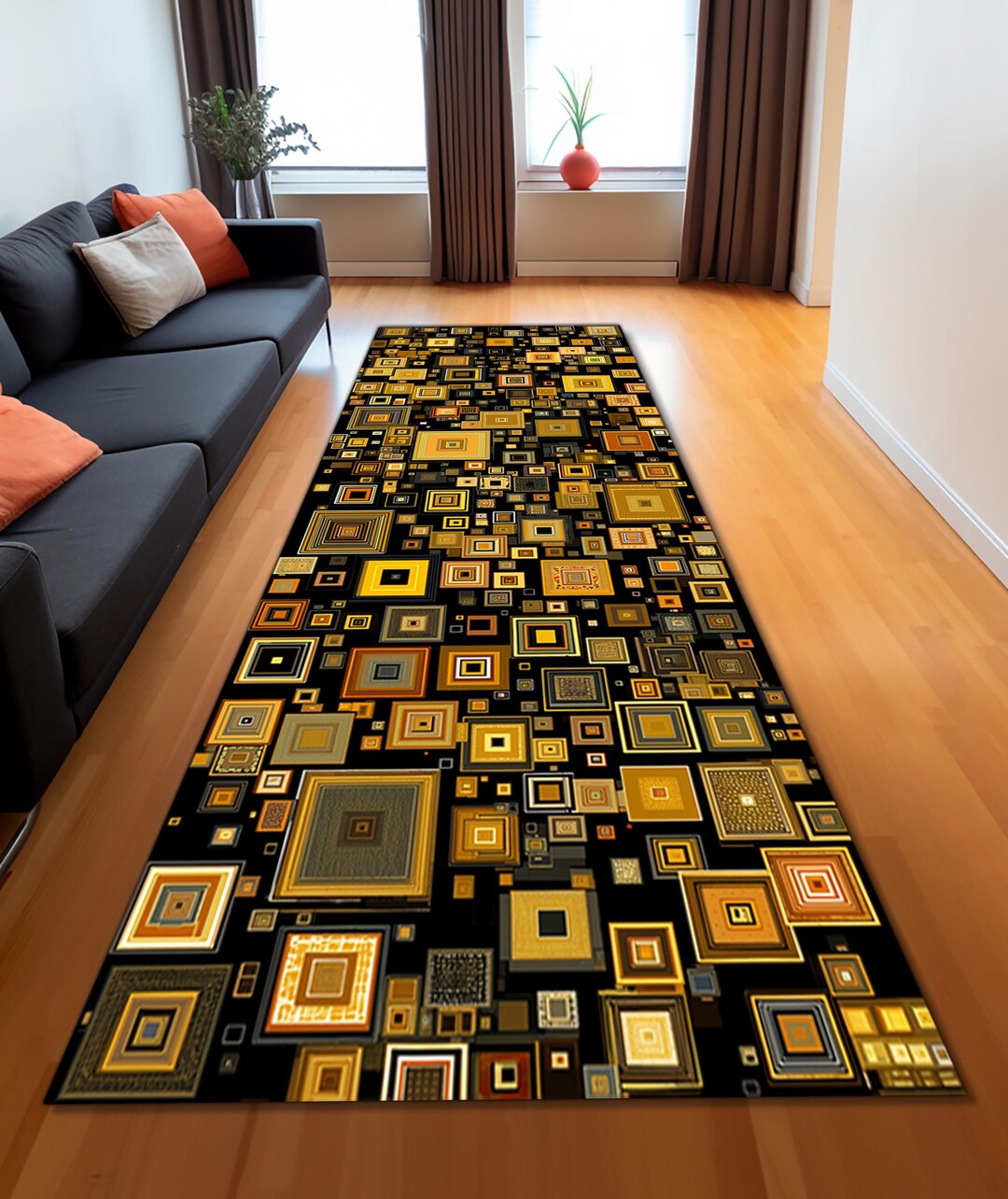 Klimt Style Abstract Geometric Squares Rug, Gold Mosaic Pattern Runner ...