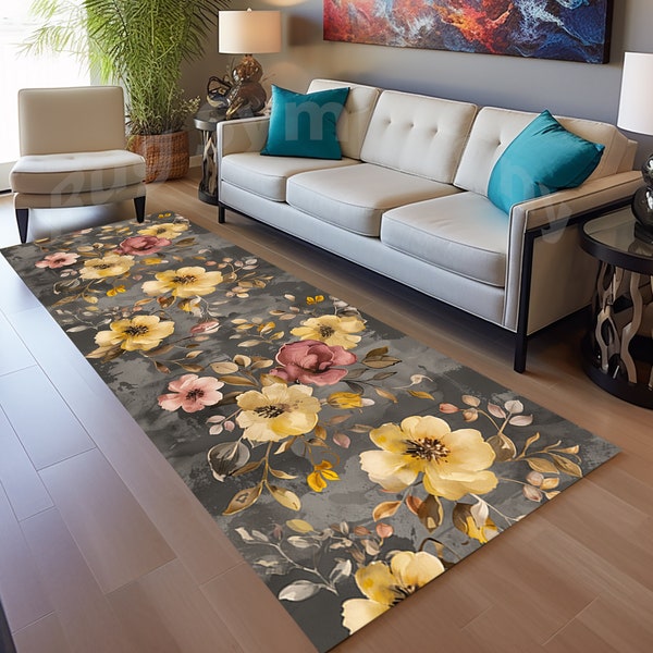 Yellow and Brown Floral Runner, Retro Flowers Runner, Floral Area Rug Runner, Floral Runner Rug, Pastel Color Flower Runner, Floral Long Rug