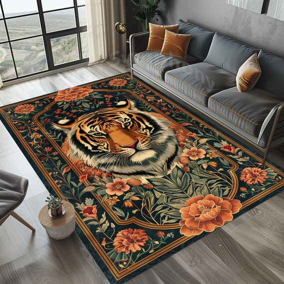 Tiger in Flowers Rug: Bohemian Rustic Area Rug