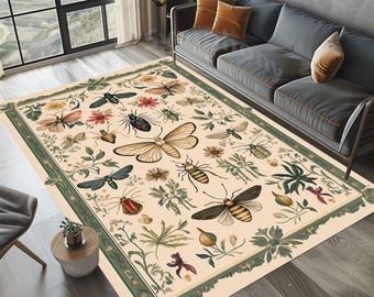 Insect Print Rug: Green & Yellow Beetle Pattern Area Rug