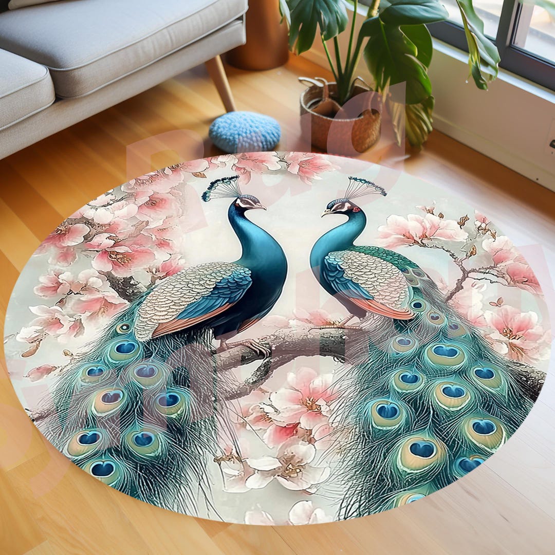 Round Enchanting Peacock Rug, Round Peacock Rug, Peacock Rug, Nature ...