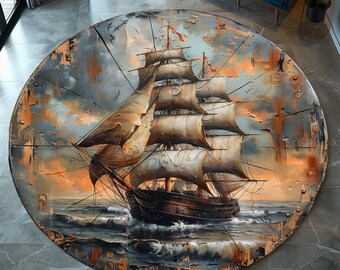 Round Ship Rug, Ship Pattern Rug, Oil Paint Round Nautical Rug, Nautical Round Rug, Round Sea Rug, Ship Rug, Sailboat Rug, Pirate Ship Rug