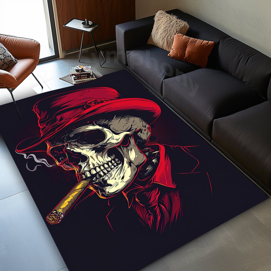 Mr. Skull Rug, Red Hat Skull Rug, Skull Area Rug, Colorful Skull Rug ...
