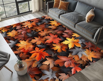 May include: A brown, orange, and yellow area rug with a pattern of autumn leaves. The rug is made of a soft, plush material and is perfect for adding a touch of fall to your home decor.