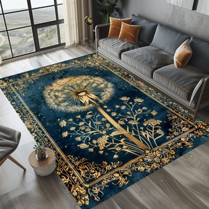 Blue Dandelion Rug, Traditional Dandelion Rug, Painting Style Dandelion Rug, Rustic Dandelion Rug, Colorful Dandelion Rug, Dandelion Rug