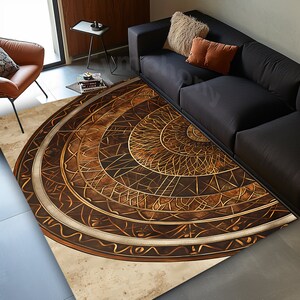 May include: A brown and gold area rug with a circular mandala design. The rug has a cream background with a large, intricate mandala pattern in shades of brown and gold.