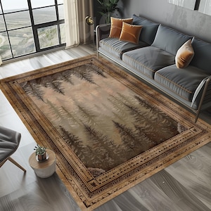 May include: A rectangular area rug featuring a forest scene with tall, brown trees and a light brown background. The rug has a dark brown border with a geometric pattern. The rug is placed in a living room with a gray sofa and a large window.