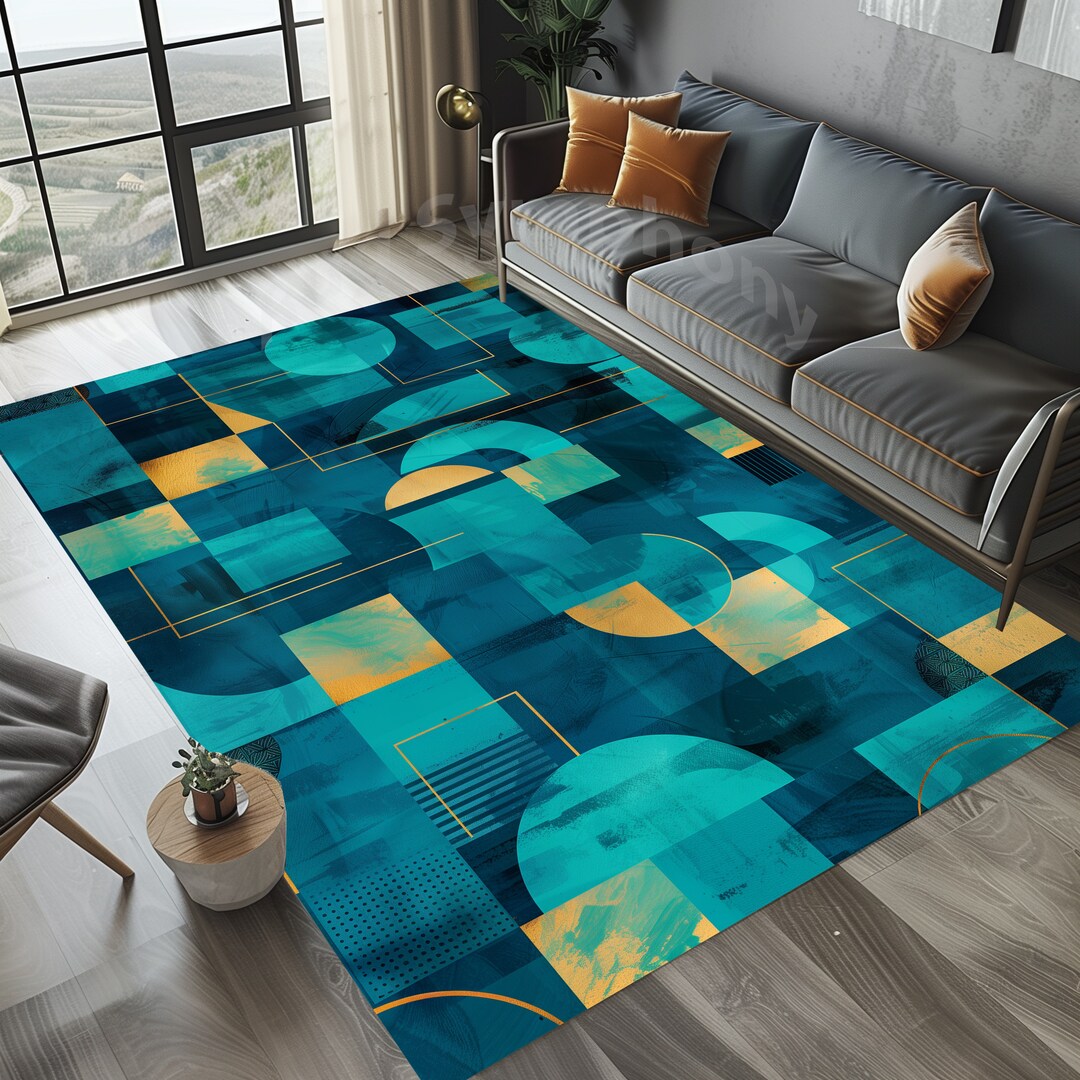 Teal Color Geometric Shapes Rug, Emerald Green Shapes Rug, Marble ...
