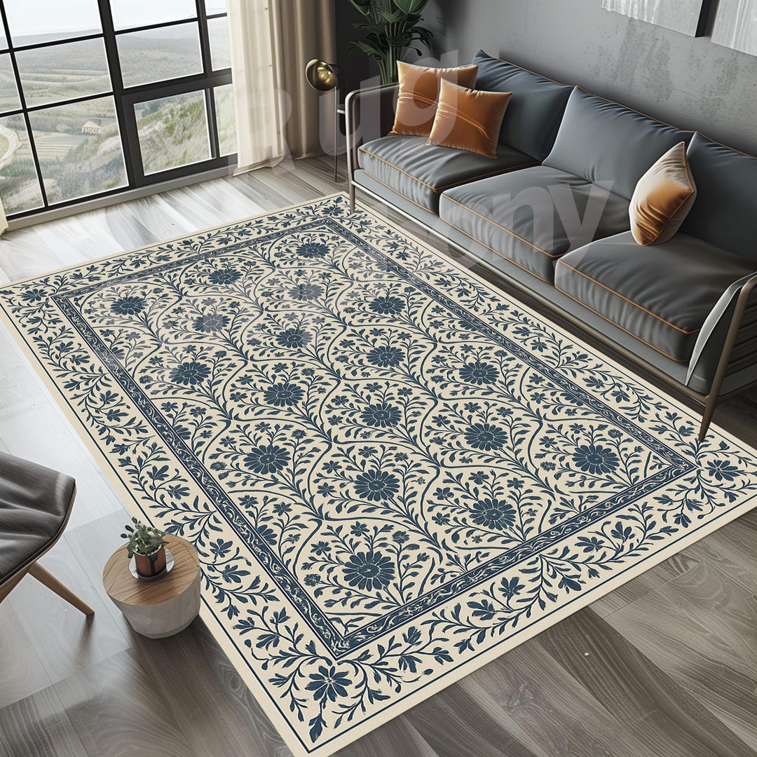 Floral Frame Rug, Blue Daisy Rug, Vintage Bloom Rug, Traditional Vine ...