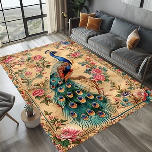 Rustic Peacock Rug, Majestic Peacock Teal Rug, Traditional Peacock Rug, Oriental Look Peacock Area Rug, Peacock Rug, Peacock Patterned Rug,