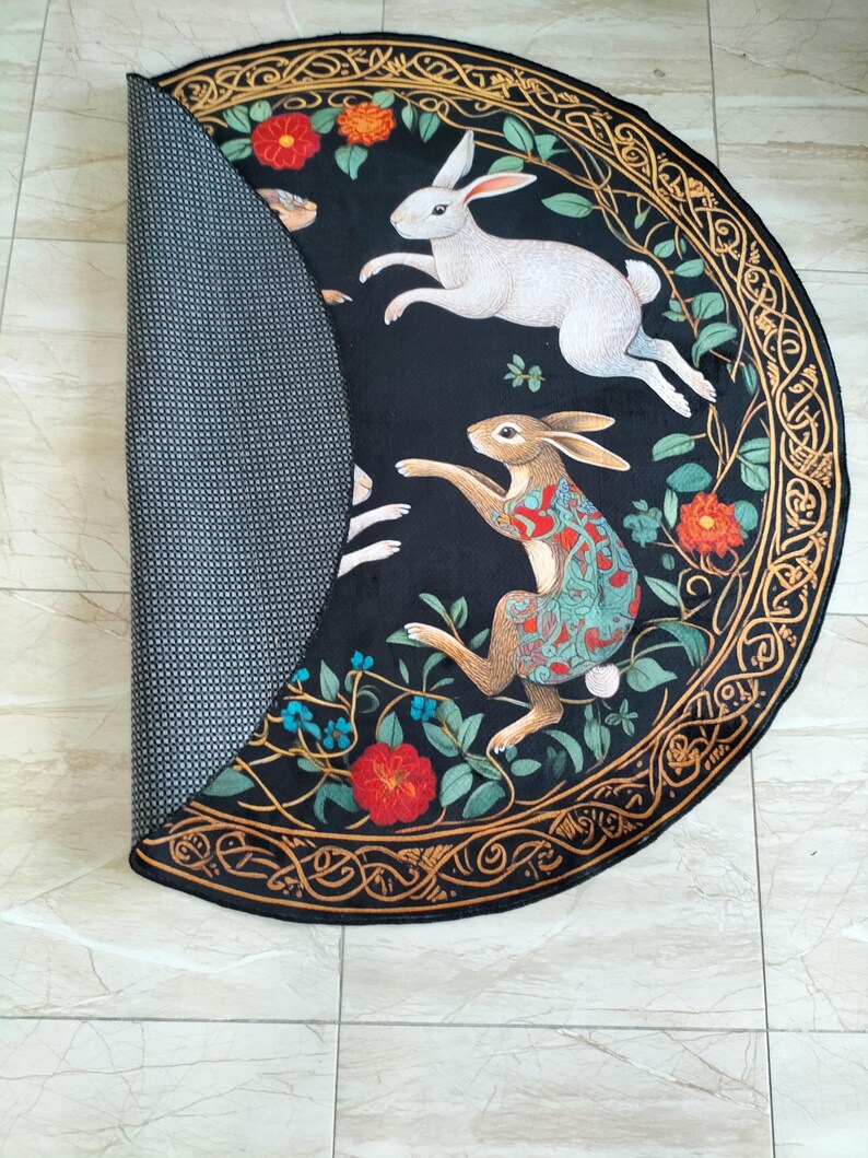 Round Rabbit Rug: Floral Hares Pattern, Non-slip Cotton Base - Etsy