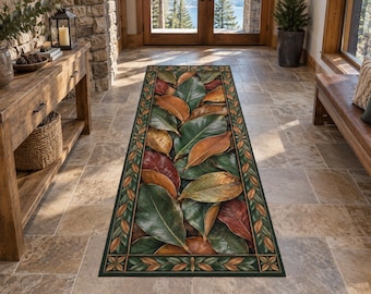 Magnolia Decor Rug, Botanical Art Rug, Forest Leaf Rug, Copper Nature Rug, Autumn Lodge Rug, Woodland Entryway Rug