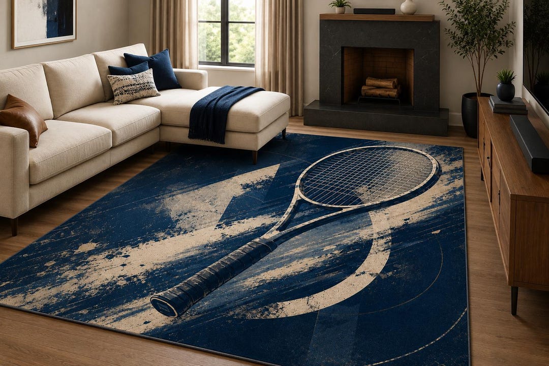Tennis Coloured Rug Navy Tennis Racket Rug, Vintage Athletic Court Art, Game Room Decor - Etsy