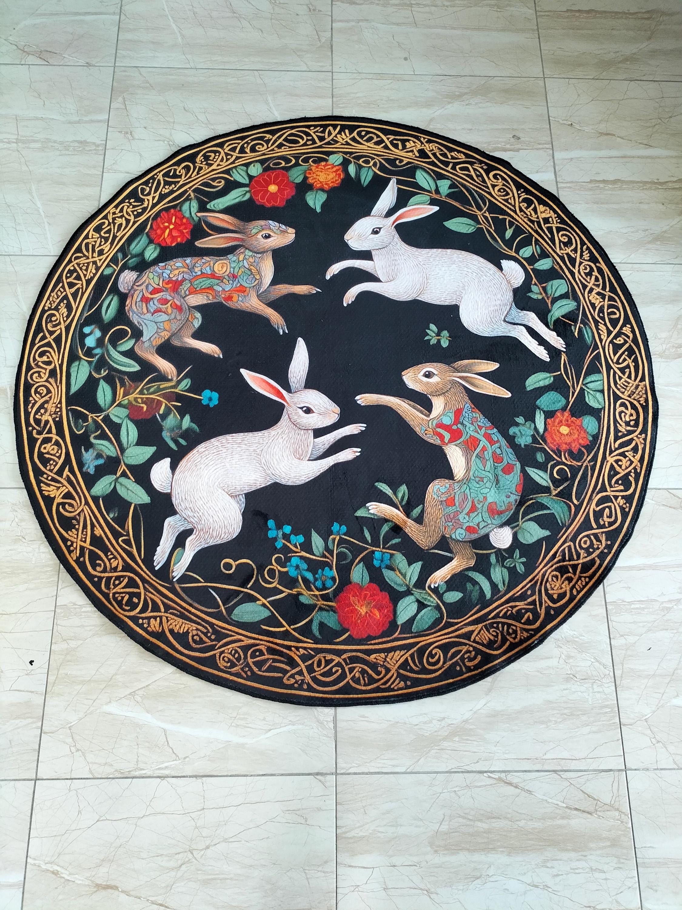 Round Rabbit Rug: Floral Hares Pattern, Non-slip Cotton Base - Etsy