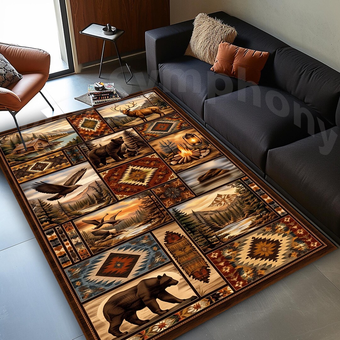 Rustic Bear Cabin Rug, Woodland Wildlife Patchwork Lodge Decor - Etsy