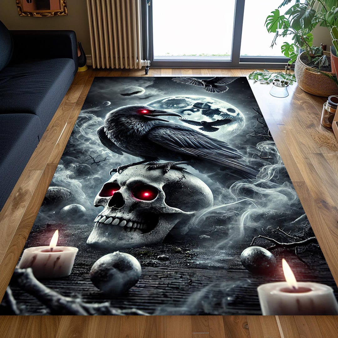 Gothic Raven and Skull Area Rug: Moon Art, Non-slip Cotton Base - Etsy ...