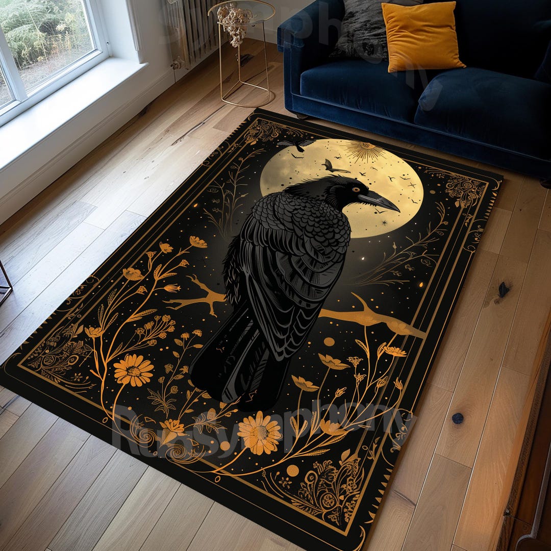 Crow Rug, Crow Tarot Rug, Moon and Crow Rug, Traditional Crow Rug ...