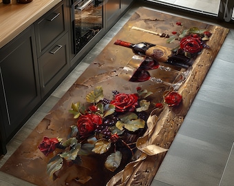 Wine and Roses Kitchen Runner Rug: Non-Slip Cotton Base