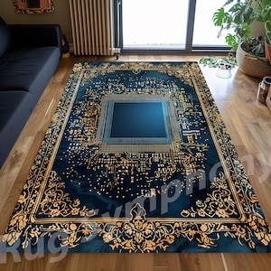 Könnte beinhalten: Ein blauer und goldener Teppich mit einem Leiterplatten-Design. Der Teppich hat einen dekorativen Rand mit floralen Mustern.
