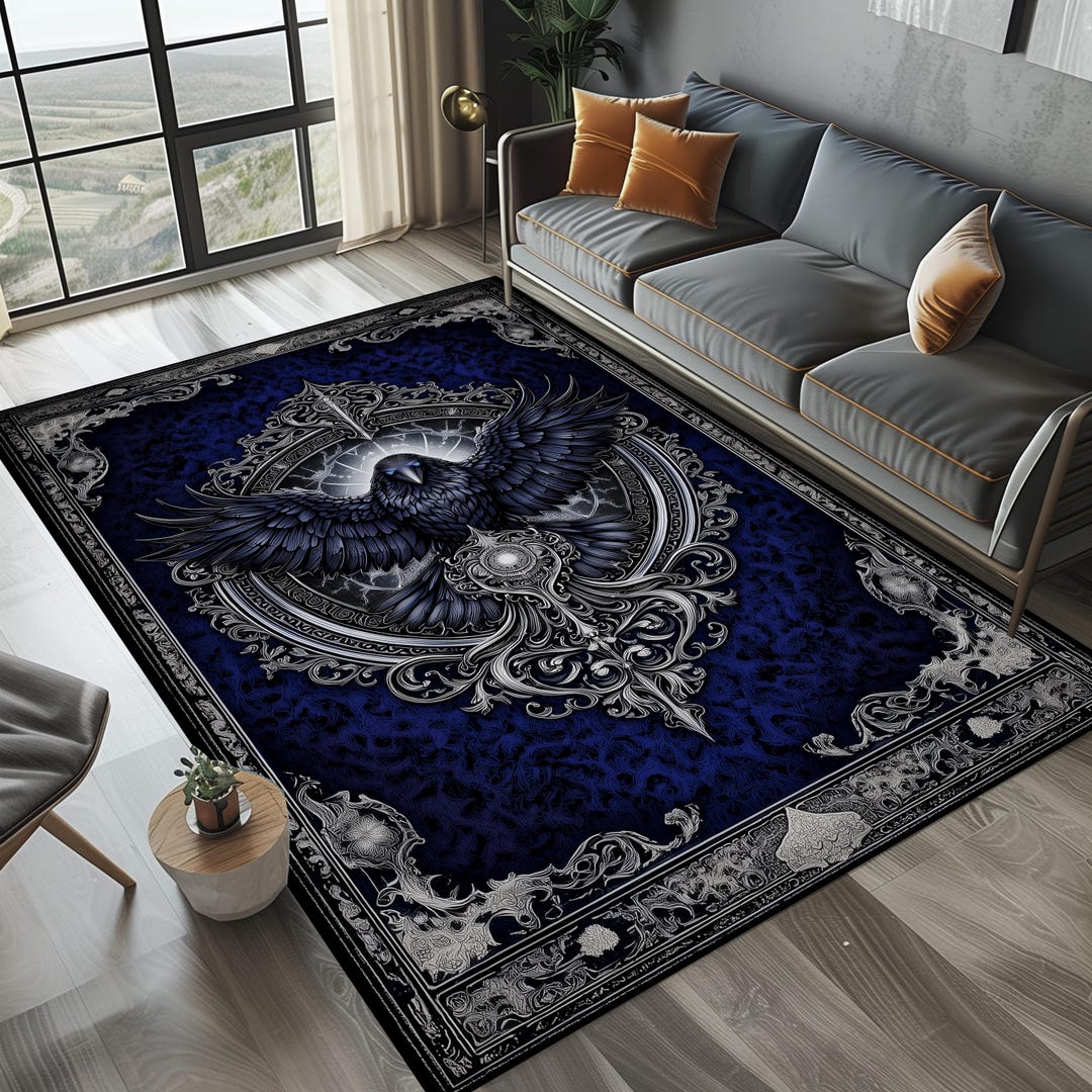 Gothic Raven Emblem Rug, Dark Blue Ornate Design - Etsy