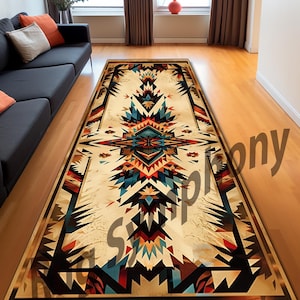 May include: A long, rectangular rug with a geometric pattern in shades of brown, red, blue, and white. The pattern is reminiscent of Native American art.