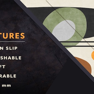 May include: Abstract rug with a cream background and geometric shapes in black, green, and orange. The rug features a non-slip, washable, soft, and durable design, with a thickness of 4-5 mm. The text "RUG FEATURES" is displayed.