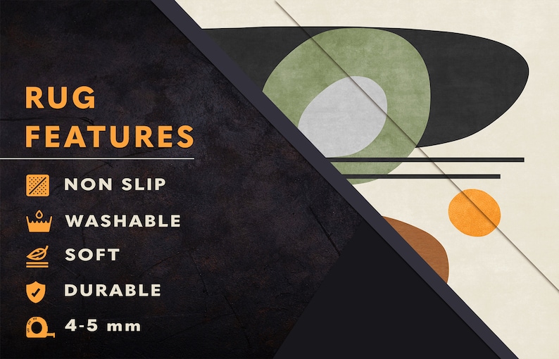 May include: Abstract rug with a cream background and geometric shapes in black, green, and orange. The rug features a non-slip, washable, soft, and durable design, with a thickness of 4-5 mm. The text "RUG FEATURES" is displayed.