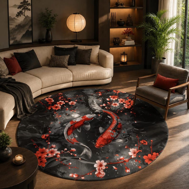 May include: A round area rug featuring a koi fish design. The rug has a black background with red and white koi fish, red cherry blossoms, and gray accents. The rug is a decorative home decor item.