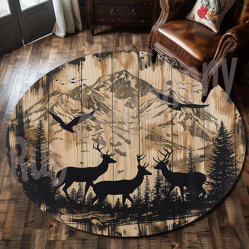 Round Deer Area Rug: Forest Animal Print, Non-slip Cotton Base - Etsy