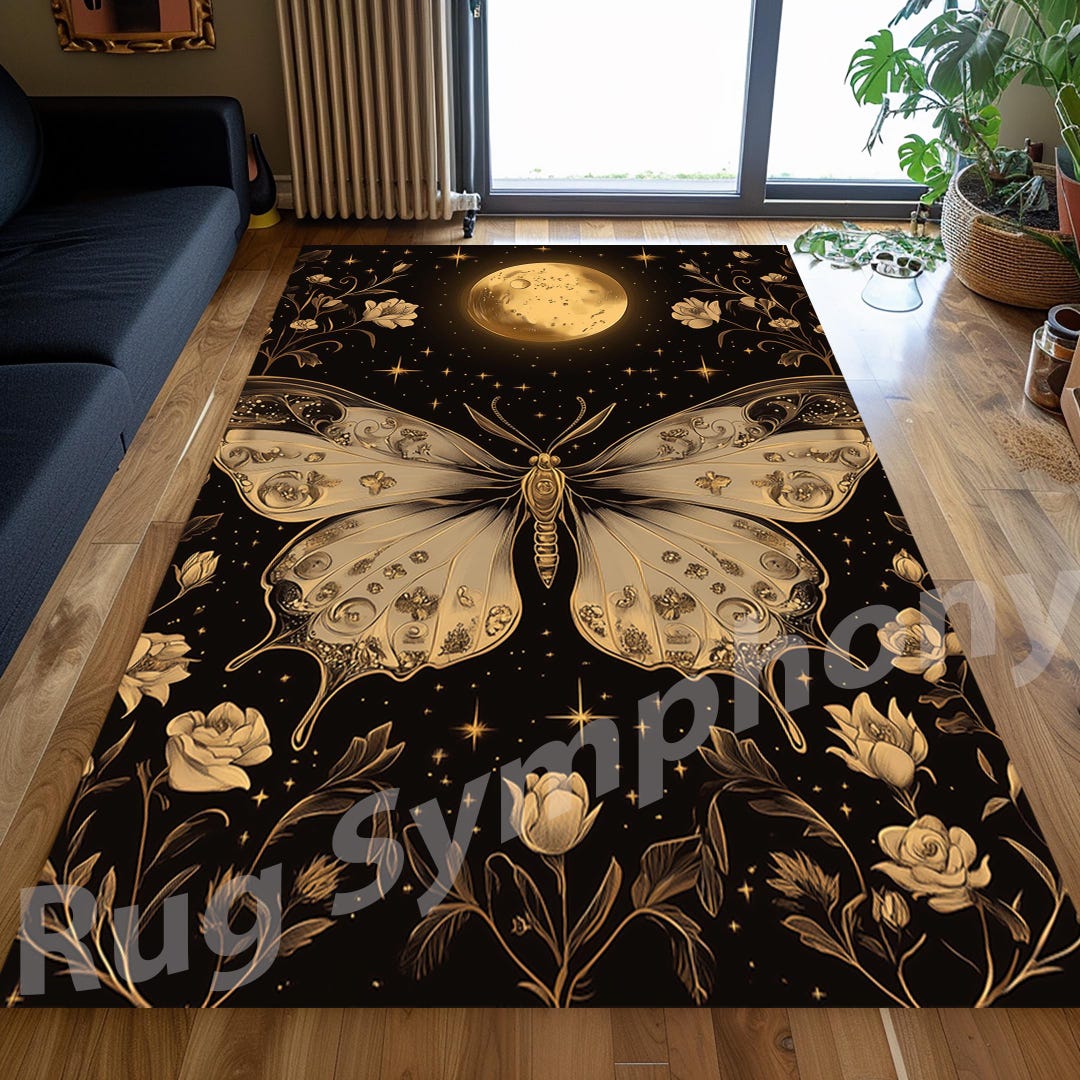 Butterfly Moon Rug: Bohemian Floral Gold Pattern - Etsy