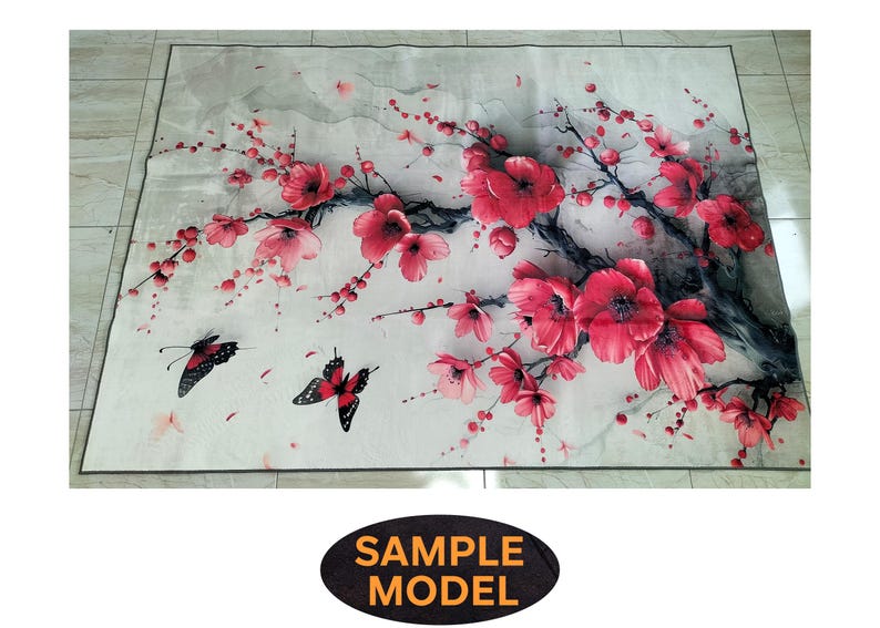 Sakura Rug Japanese Crane Sakura Pond Rug, Cherry Blossom Garden Landscape, Koi ...