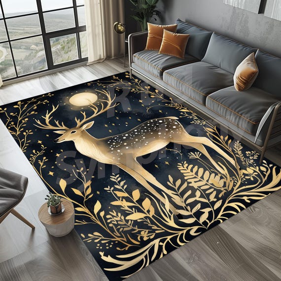 Moonlit Stag Area Rug, Enchanted Forest, Rustic Deer Design