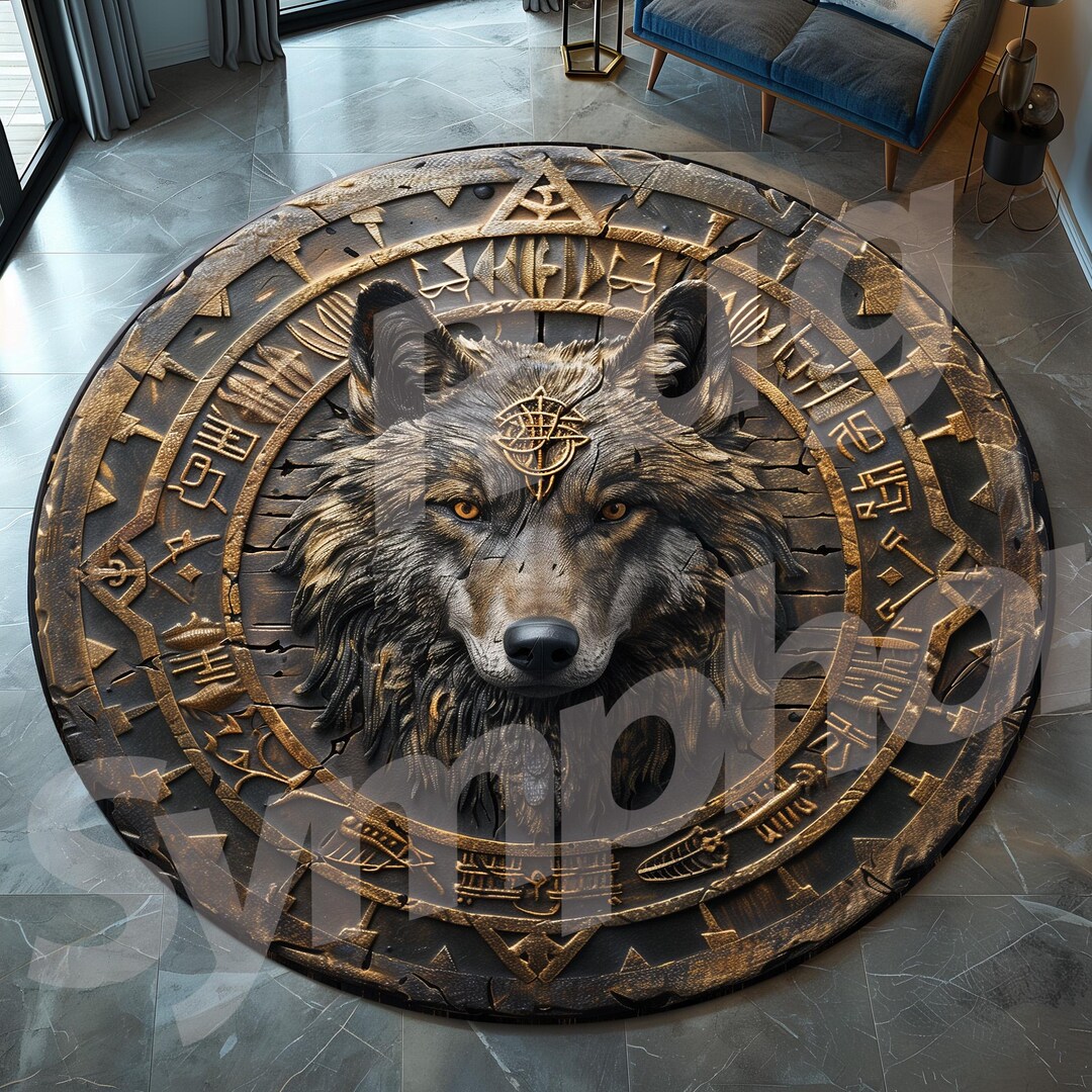 3D Look Round Wolf Rug, Wolf Pattern Rug, Round Viking Rug, Round Norse ...