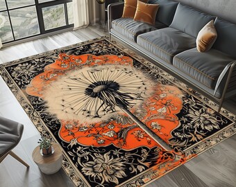 Dandelion Area Rug: Black & Orange Floral Botanic Rug