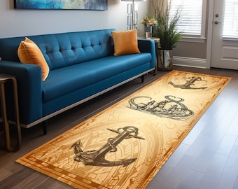 Retro Look Anchor Runner, Anchor Pattern Rug, Retro Anchor Runner, Nautical Runner Rug, Nautical Runner, Anchor Art Rug, Navy Runner