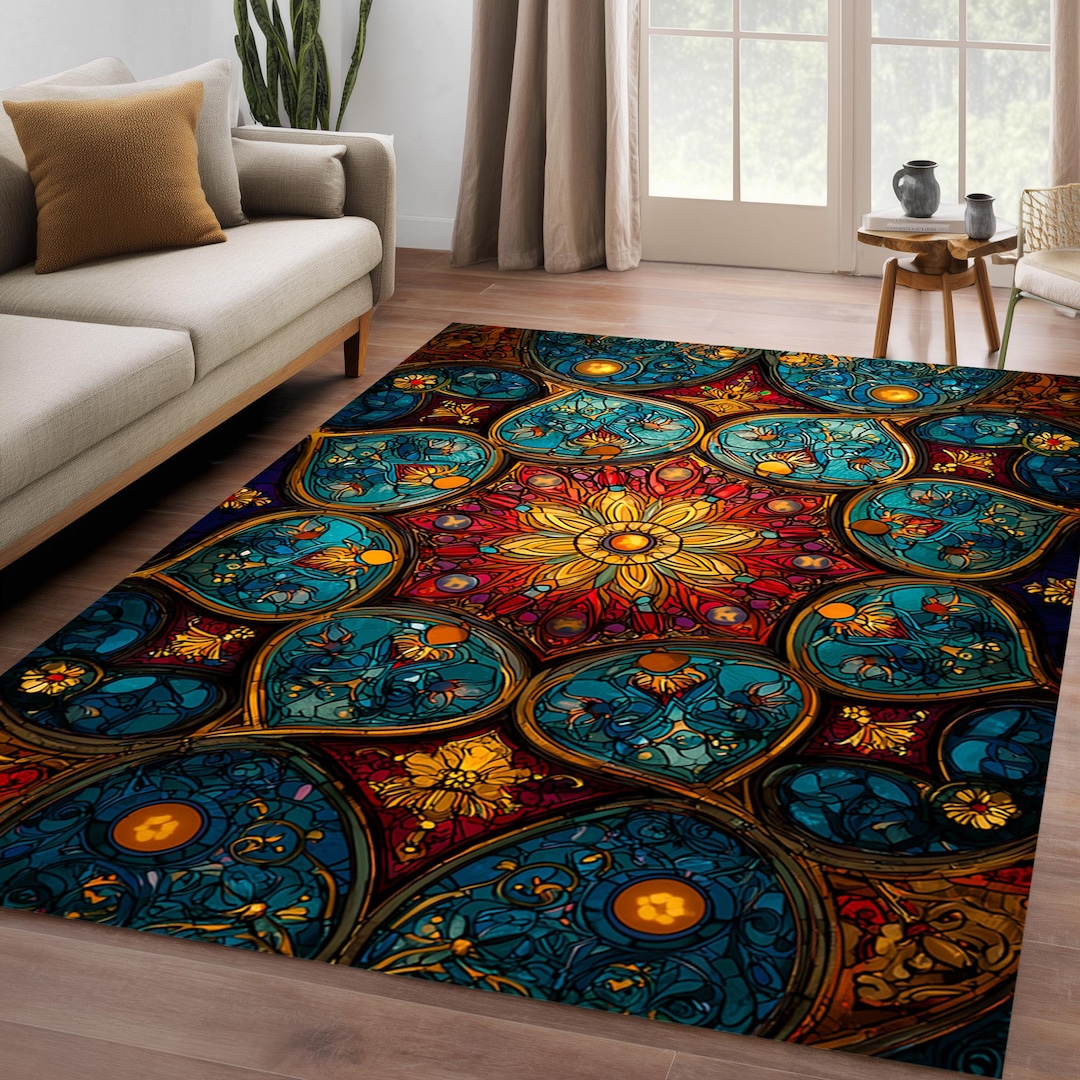 Stained Glass Rug Design Teal Stained Glass Rug, Geometric Mandala Pattern, Art Tapestry - Etsy