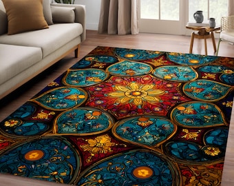 Op de afbeelding: Een kleurrijk vloerkleed met een glas-in-lood ontwerp. Het kleed heeft een centraal bloemmotief in geel en rood, omringd door blauwe en gouden druppelvormen. Het kleed ligt op een houten vloer.