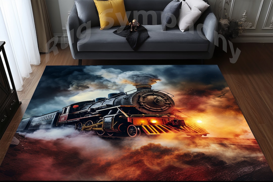 Red Train Rug Antique Train Area Rug: Gold Toy Train, Kids Room Decor - Etsy