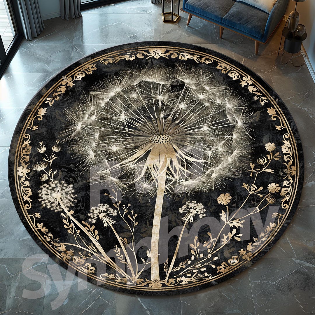 Round Dandelion Area Rug: Black Floral Oriental Style - Etsy