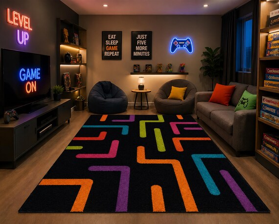 Neon Look Geometric Rug, Arcade Style, Retro Lines Pattern
