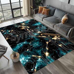 May include: Abstract area rug with a black background, blue and gold geometric patterns, and a galaxy-like design.
